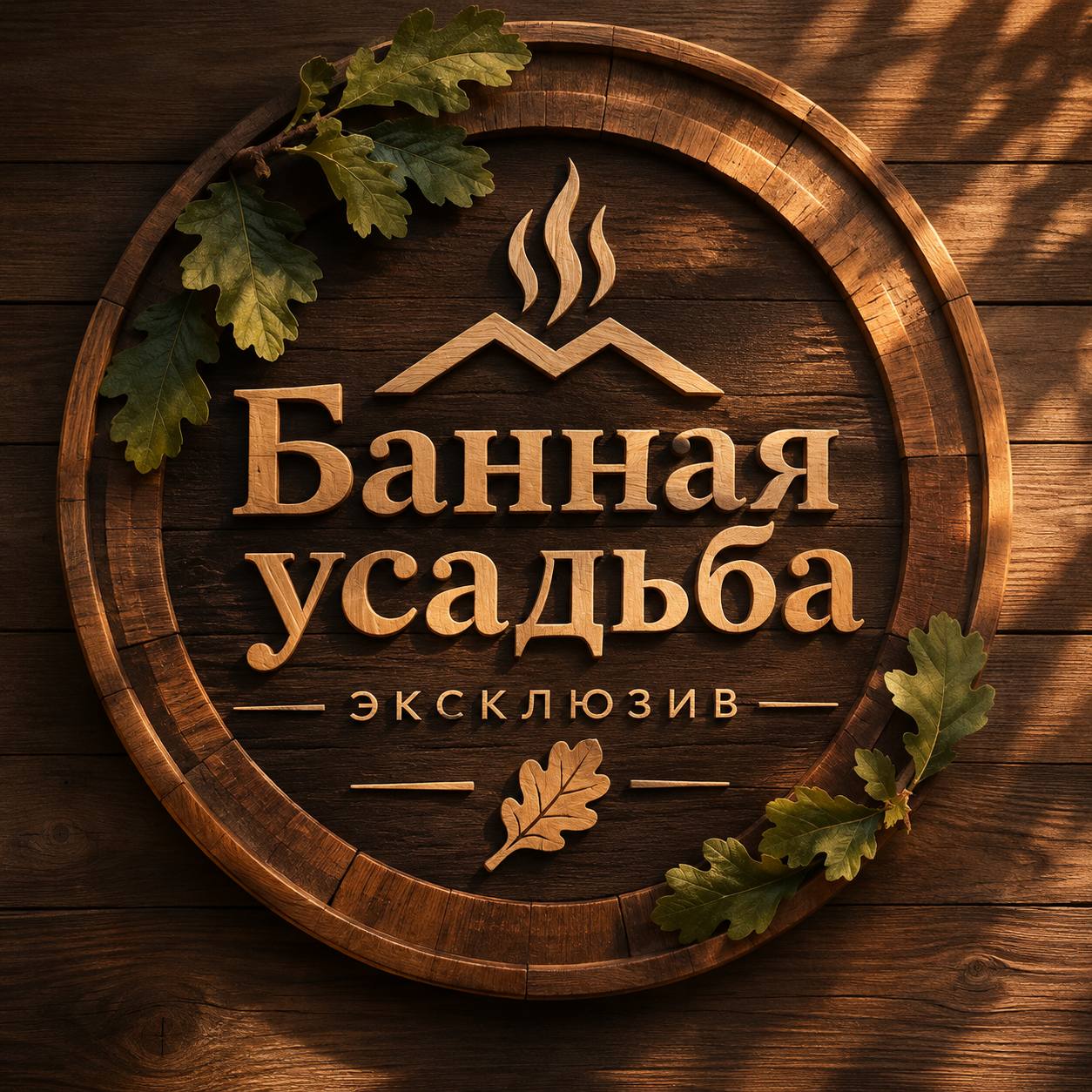 Логотип банной усадьбы «Эксклюзив» в оформлении из тёмного дерева